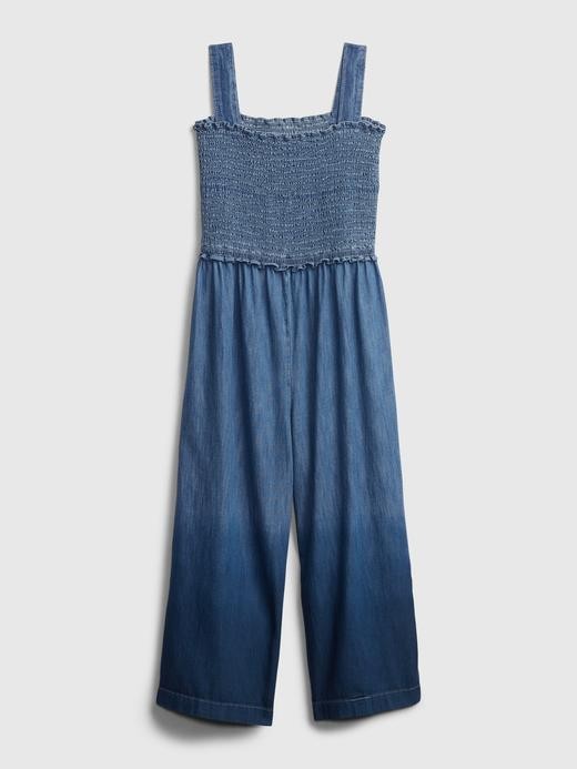 smocked denim jumpsuit